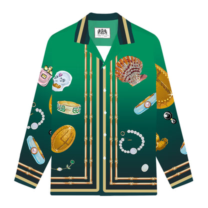 Vintage Jewelry&Gem Pattern Long Sleeve Camp Collar Shirt