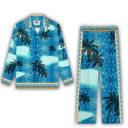 Tropical Palm Tree Print Casual Trousers With Elastic Waistband