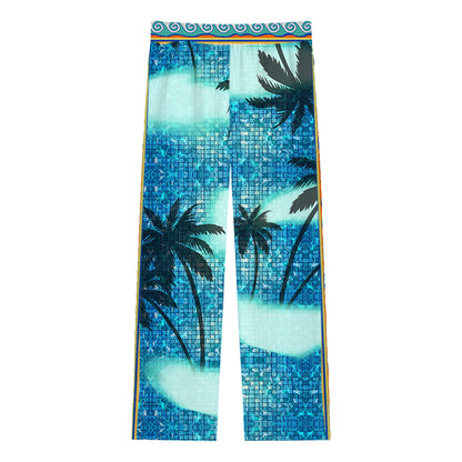 Tropical Palm Tree Print Casual Trousers With Elastic Waistband