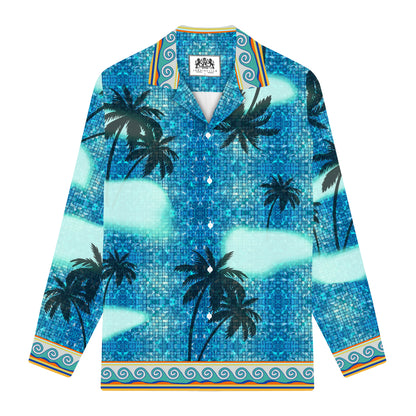 Tropical Palm Tree Print Long Sleeve Camp Collar Shirt