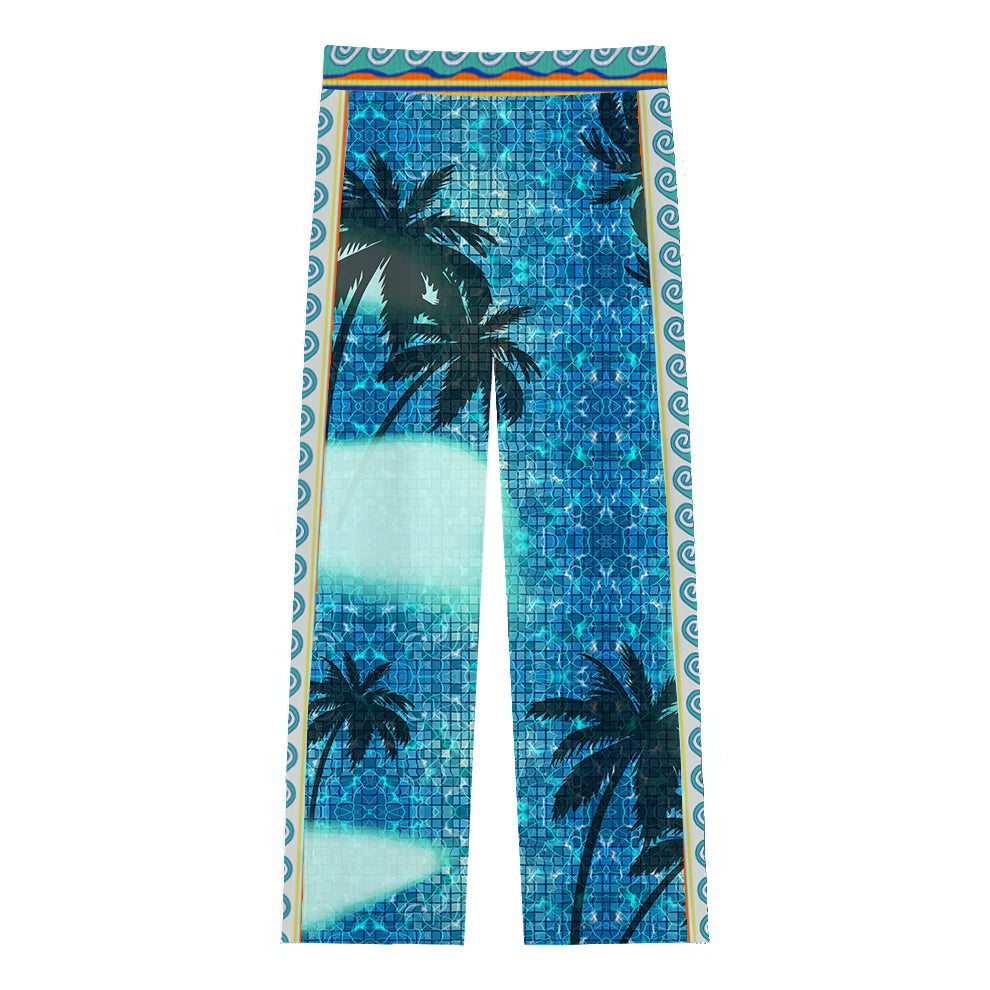 Tropical Palm Tree Print Casual Trousers With Elastic Waistband