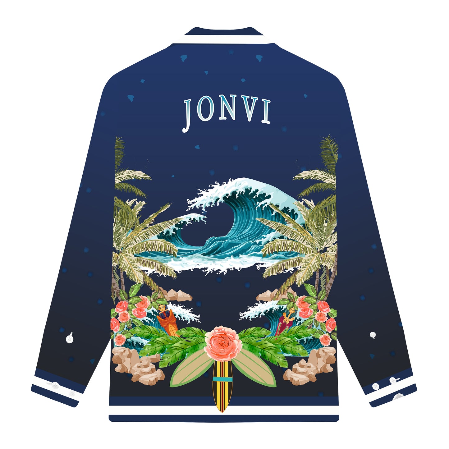 Men’s Tropical Wave Print Long Sleeve Camp Collar Shirt
