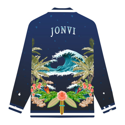 Men’s Tropical Wave Print Long Sleeve Camp Collar Shirt