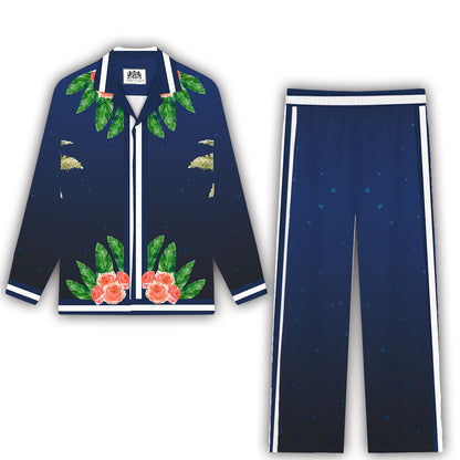 Men’s Tropical Wave Print Casual Trousers With Elastic Waistband