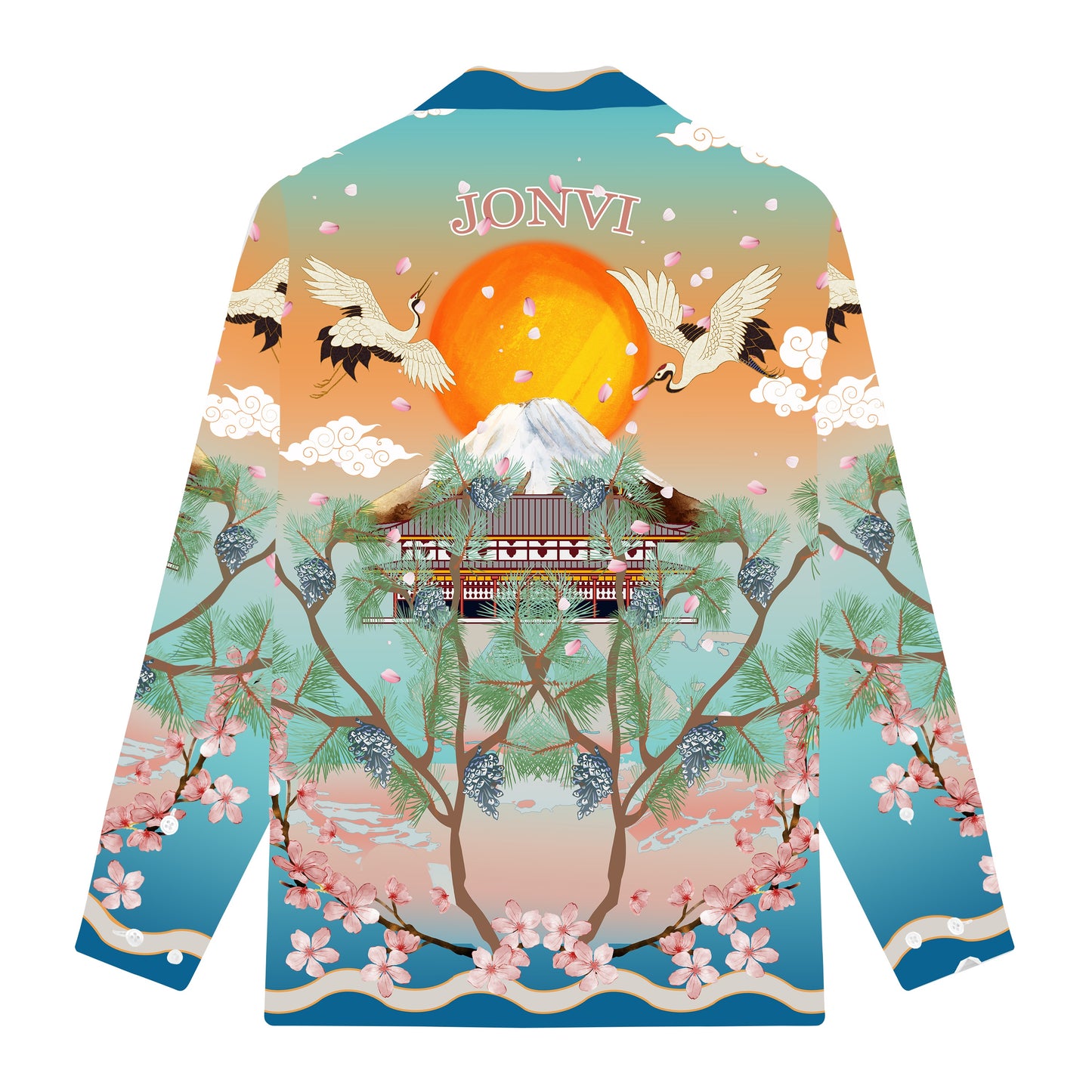 Sunrise Crane Print Long Sleeve Camp Collar Shirt