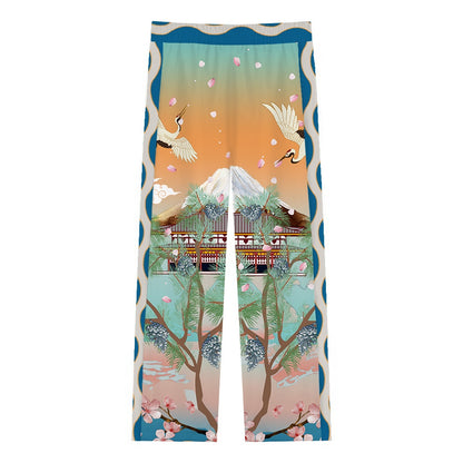 Sunrise Crane Print Casual Trousers With Elastic Waistband