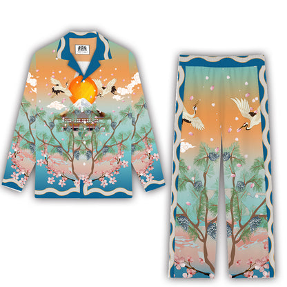 Sunrise Crane Print Casual Trousers With Elastic Waistband