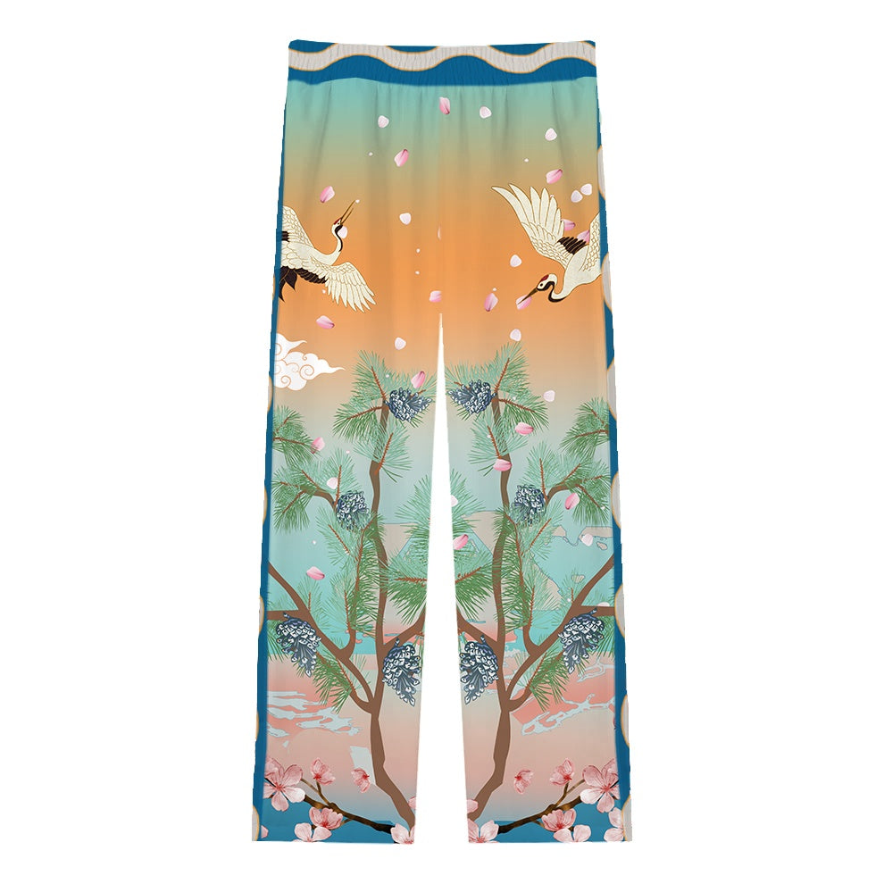 Sunrise Crane Print Casual Trousers With Elastic Waistband
