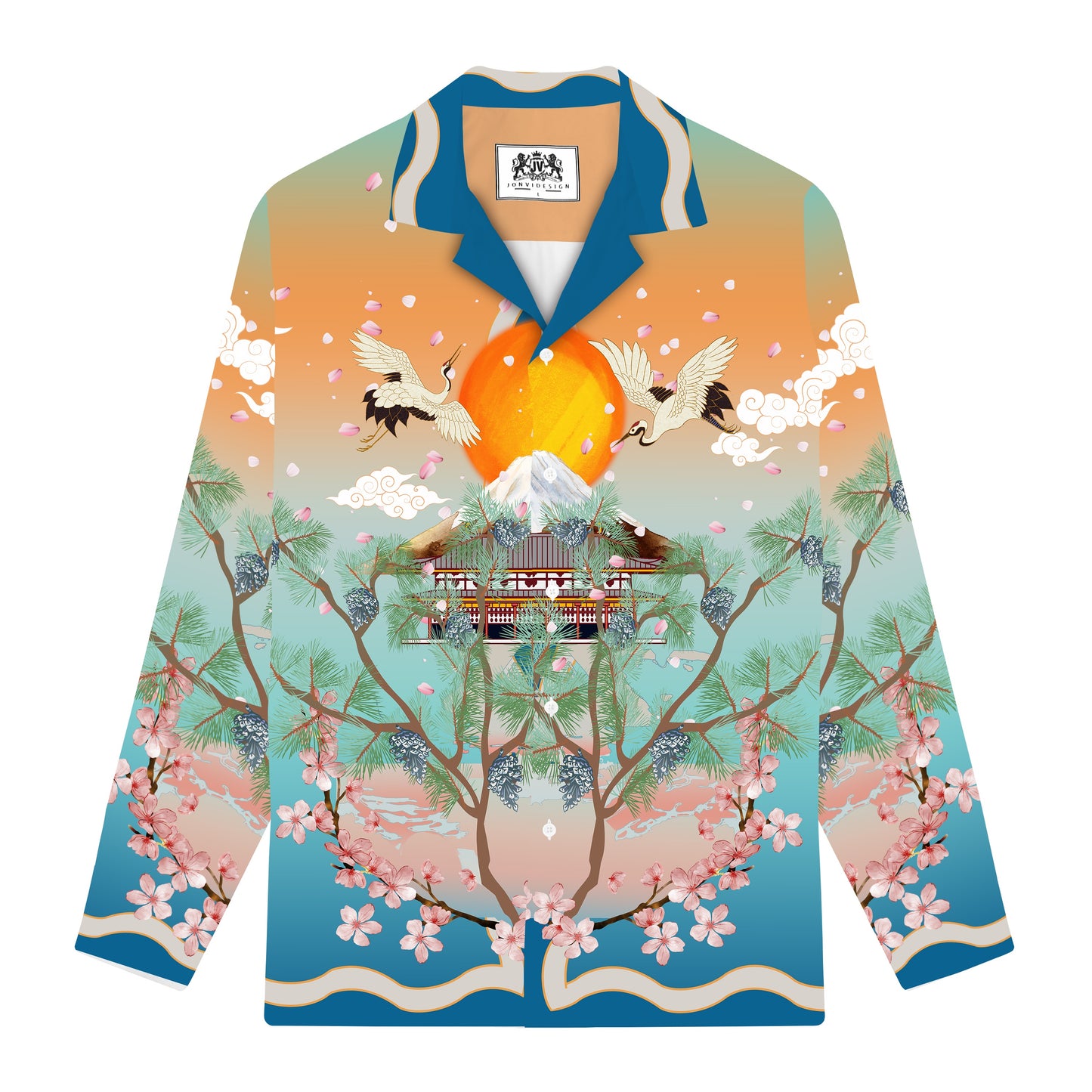Sunrise Crane Print Long Sleeve Camp Collar Shirt