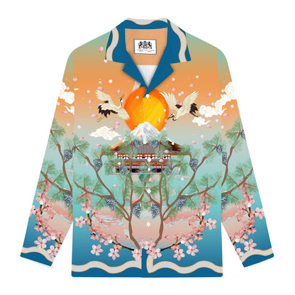 Sunrise Crane Print Long Sleeve Camp Collar Shirt