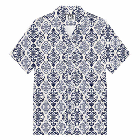 Blue And White Porcelain Pattern Camp Collar Short-Sleeved Shirt