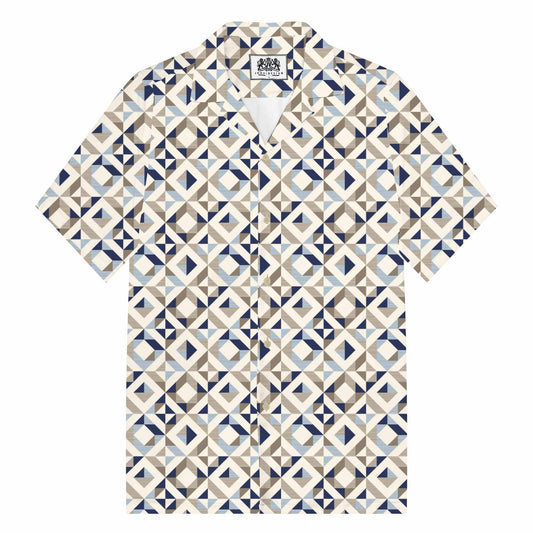 Geometric Square Print Camp Collar Short-Sleeved Shirt