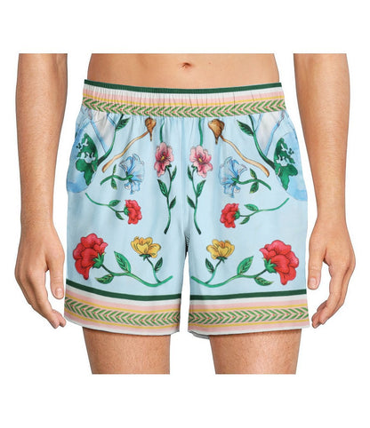 Blue Floral Pattern Elastic Waistband Casual Shorts