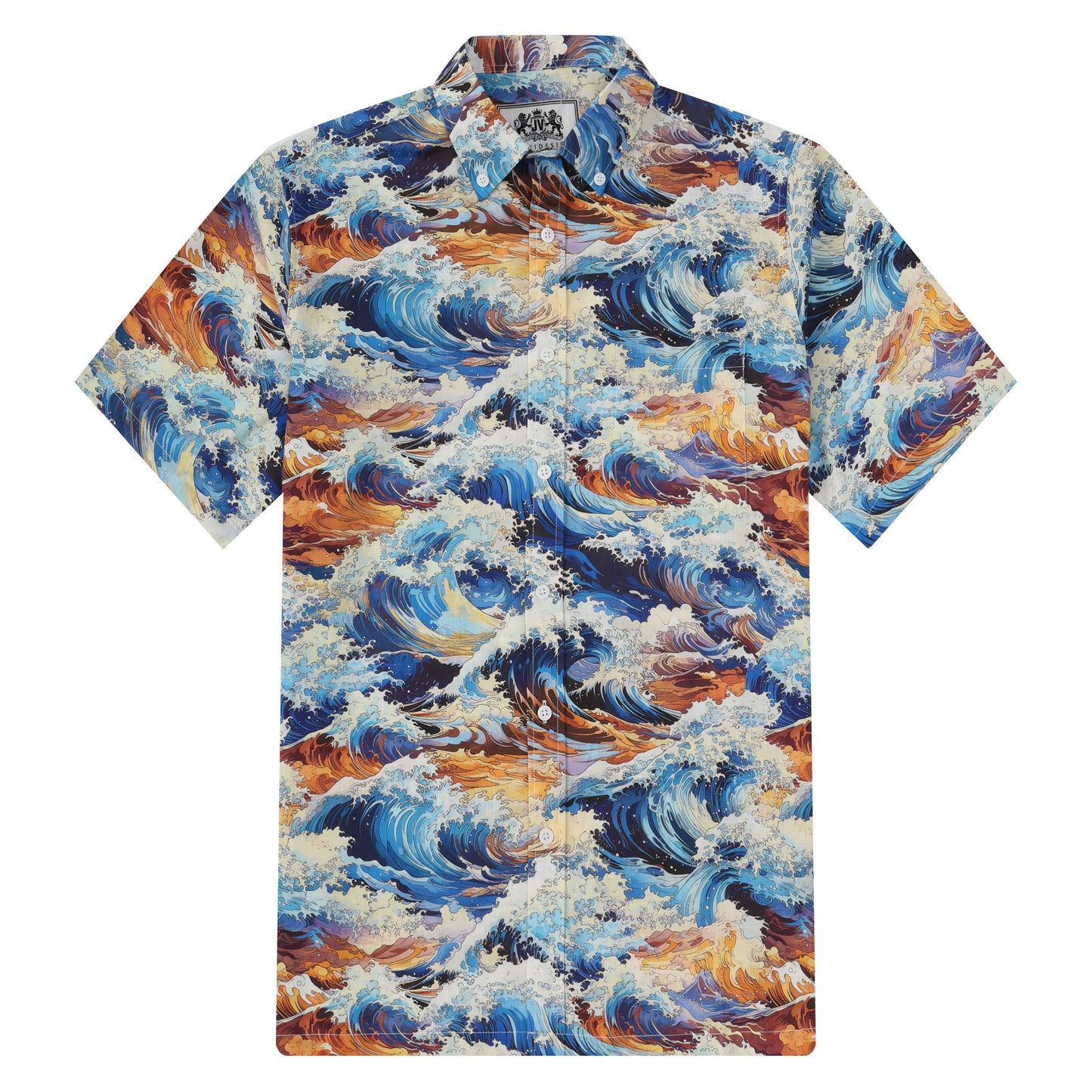 Hawaiian Ocean Wave Pattern Button Short Sleeve Shirt