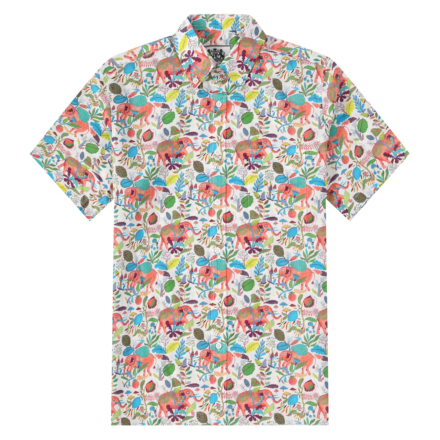 Elephant Floral Pattern Button Short Sleeve Shirt