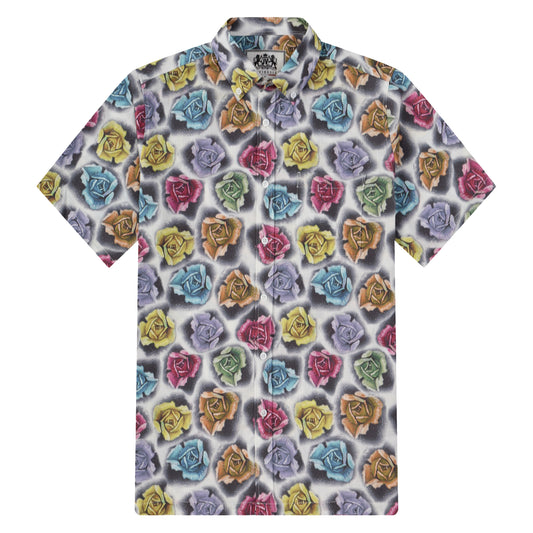 Multicolor Rose Pattern Button Short Sleeve Shirt