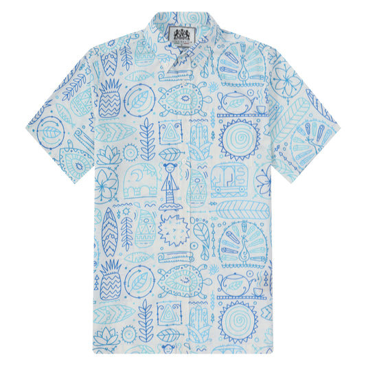 Blue Tribal Geometric Pattern Button Short Sleeve Shirt