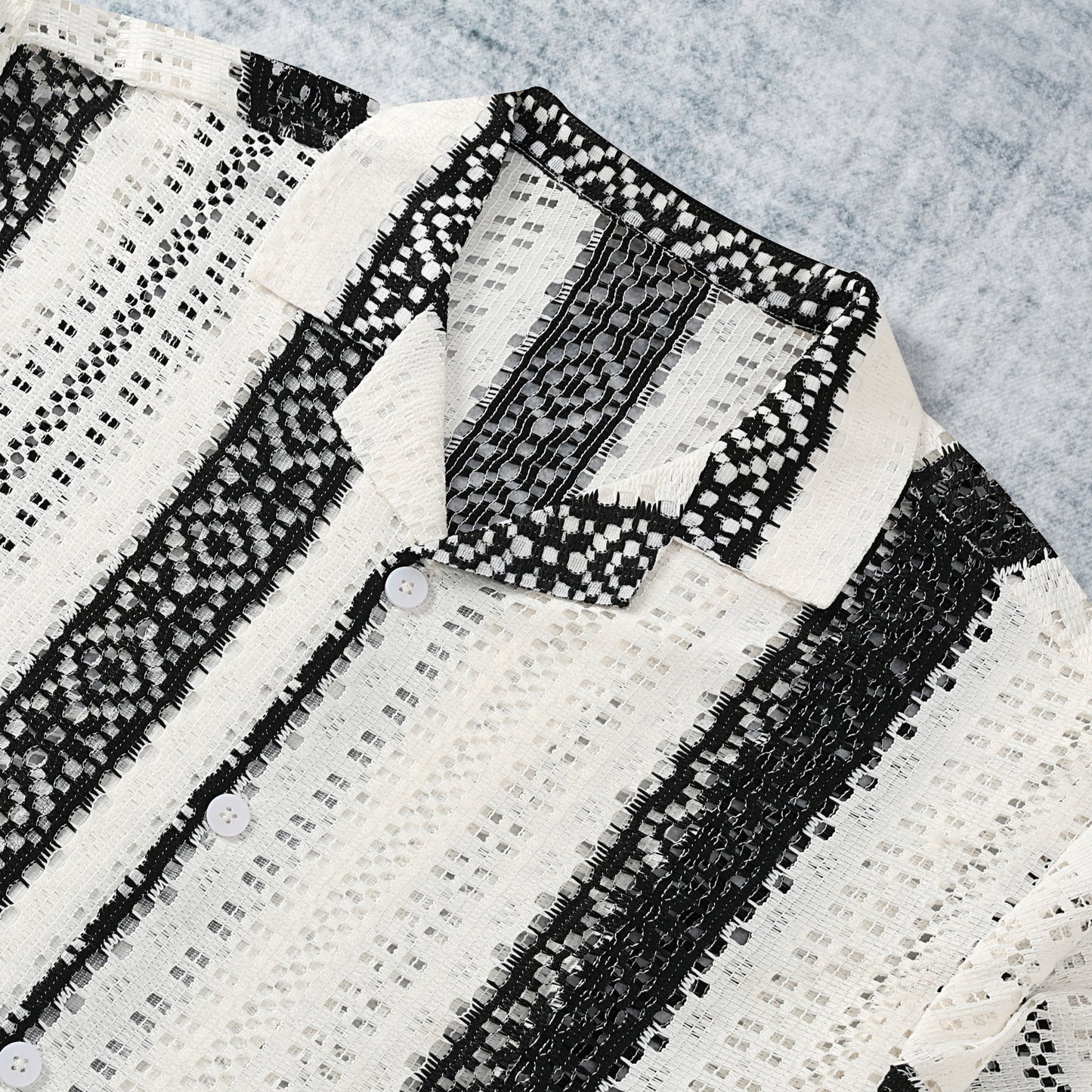 Striped Crochet Floral Pattern Textured Resort Fit Shirt