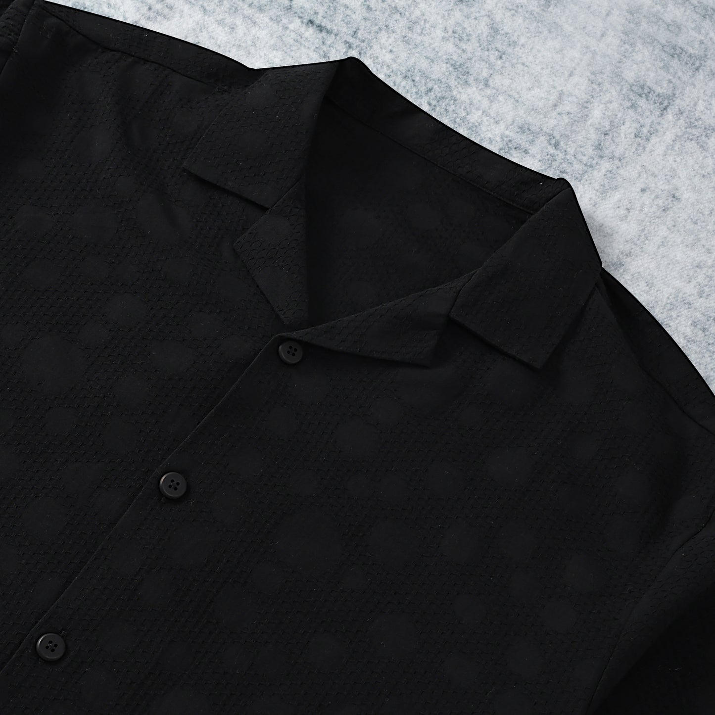Black Crochet Textured Camp Collar Short Sleeve Shirt