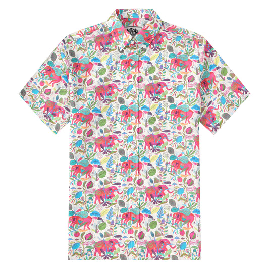 Elephant Floral Pattern Button Short Sleeve Shirt