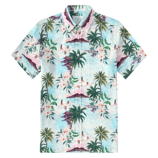 Palm Tree Island Pattern Button Short Sleeve Shirt