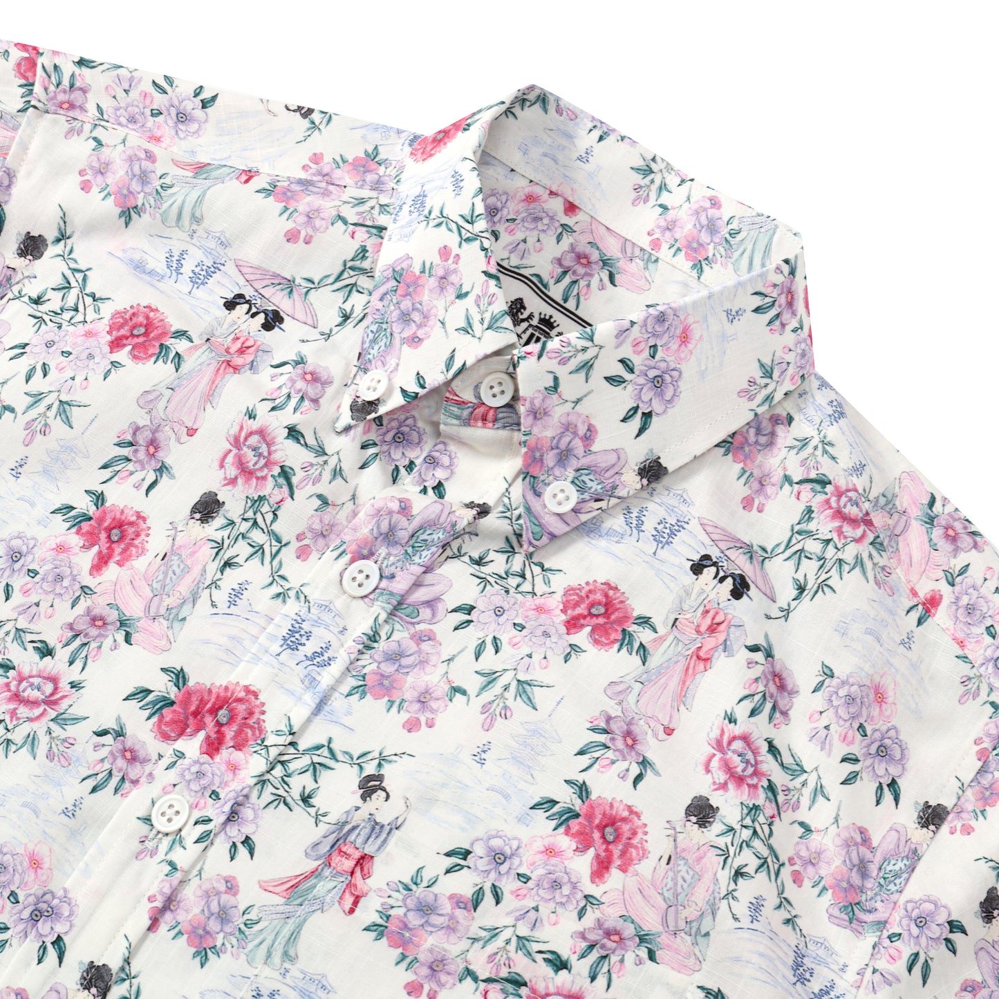 Ancient Female Floral Pattern Button Short Sleeve Shirt