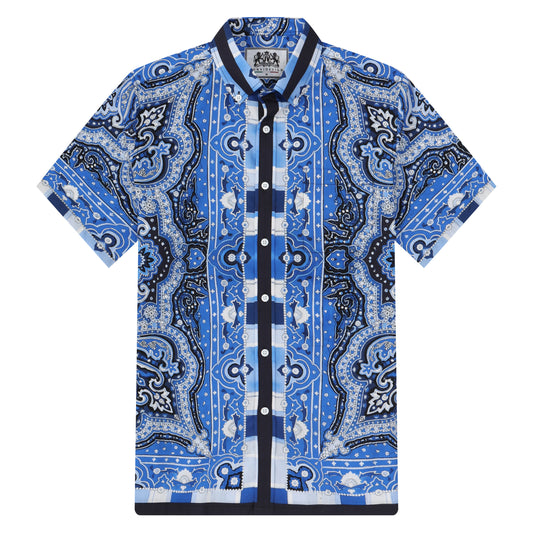 Blue Floral Totem Pattern Button Short Sleeve Shirt