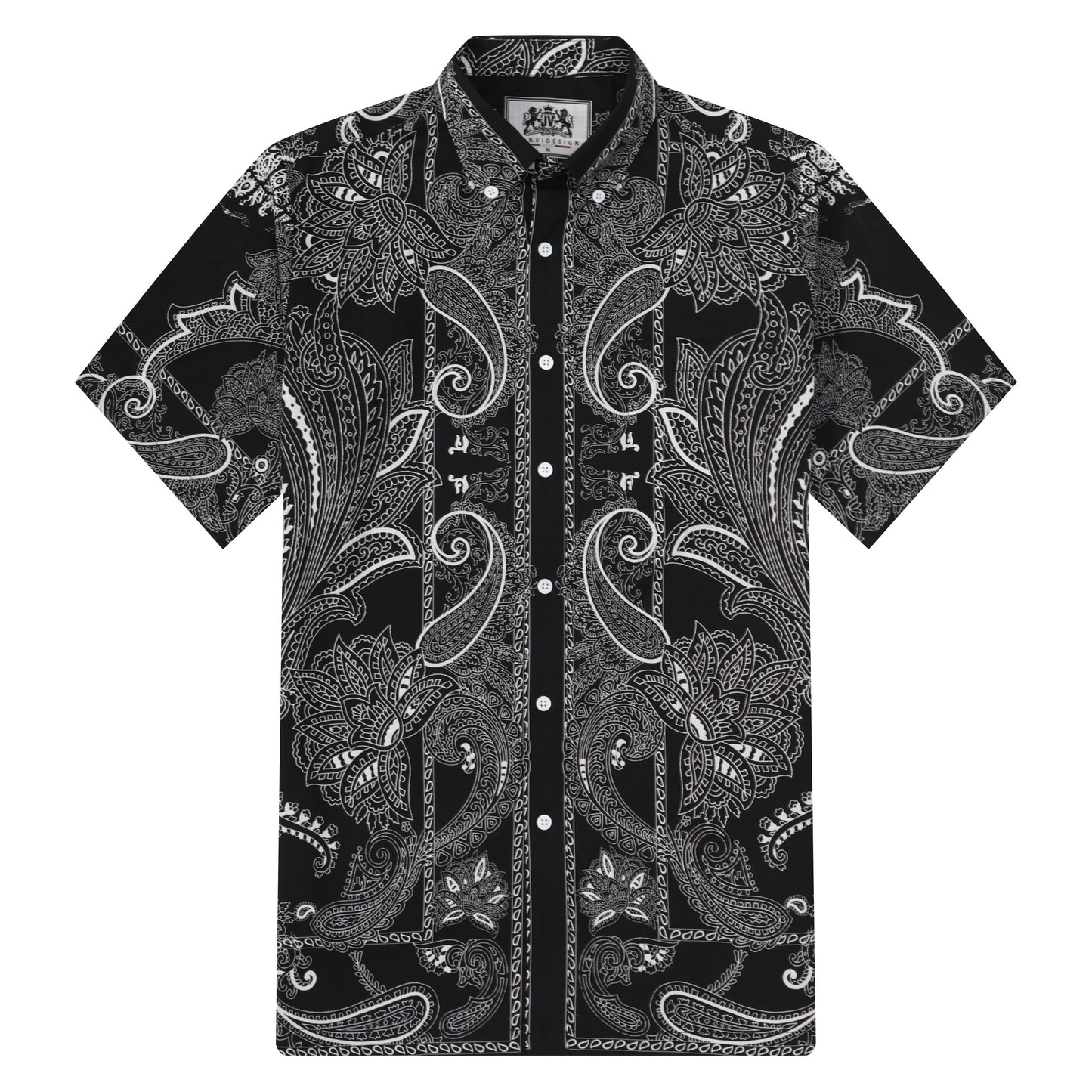 Black Paisley Pattern Button Short Sleeve Shirt