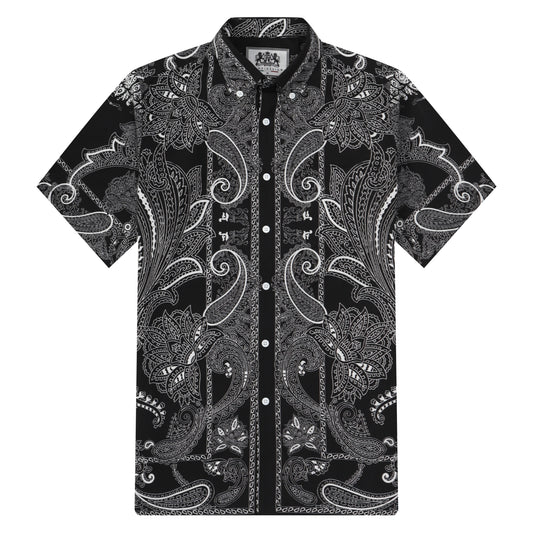 Black Paisley Pattern Button Short Sleeve Shirt