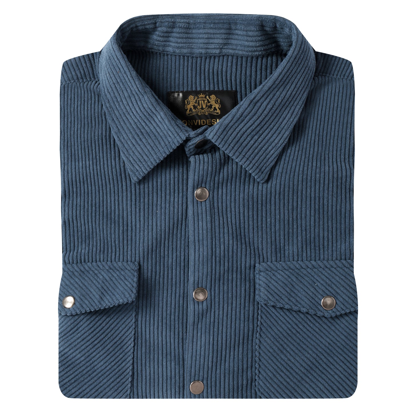 Corduroy Plain Color Snap Closure Long Sleeve Shirt-Dark Blue