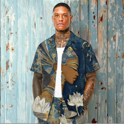 Egyptian Goddess & Dragonfly Floral Pattern Casual Elastic Waist Shorts