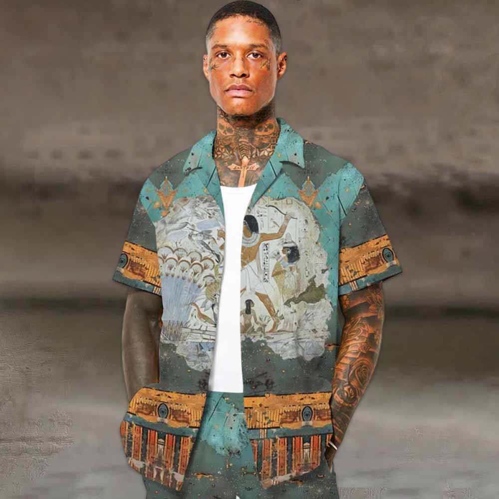 Ancient Egyptian Goddess Fun Vintage Print Camp Collar Short Sleeve Shirt