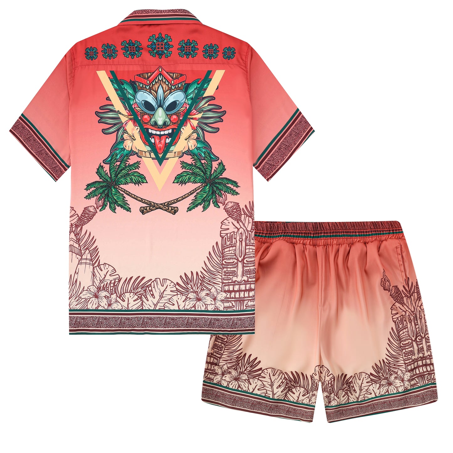 Palm Tree Tiki Themed Pattern Short Sleeve Camp Collar Shirt