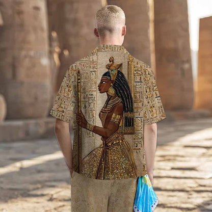 Vintage Ancient Egyptian Goddess Camp Collar Casual Short Sleeve Shirt