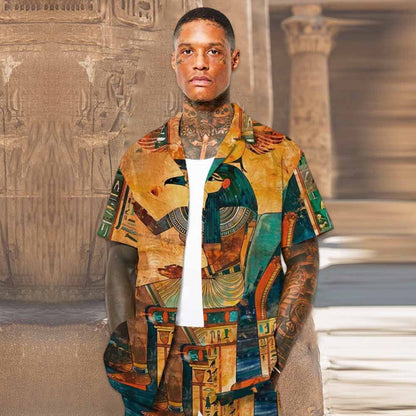 Men's Retro Egyptian Camp Collar Casual Short Sleeve Shirt