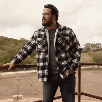 Flannel Plaid Button Shirt Lumber Jacket - Black