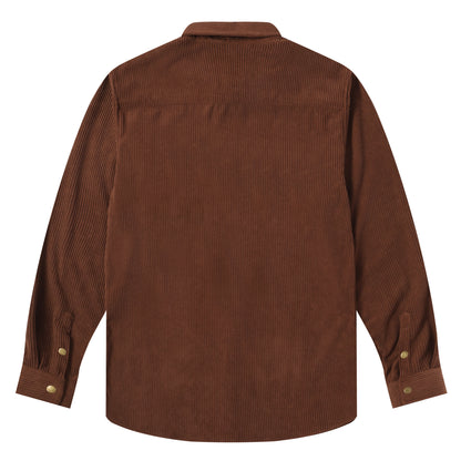 Corduroy Plain Color Snap Closure Long Sleeve Shirt-Coffee