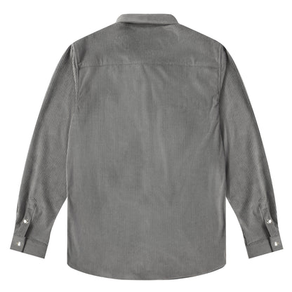 Corduroy Plain Color Snap Closure Long Sleeve Shirt-Grey