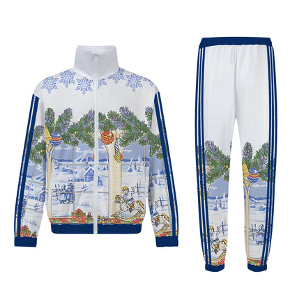 Christmas Snow World Print Zip Up Track Suit Top