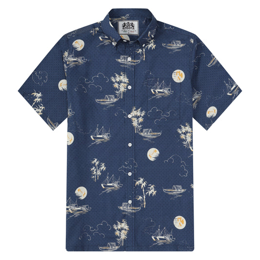 Moonlight Boat Pattern Button Short Sleeve Shirt