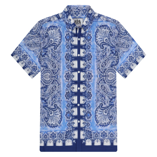 Paisley Print Button Short Sleeve Shirt in Blue