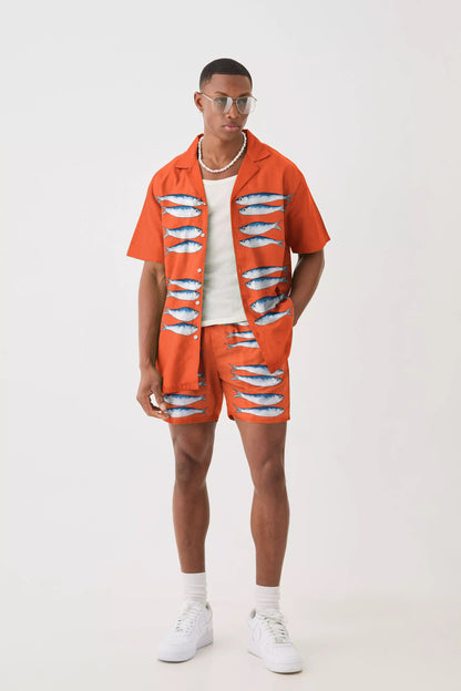 Sardine Pattern Orange Elastic Waistband Casual Shorts