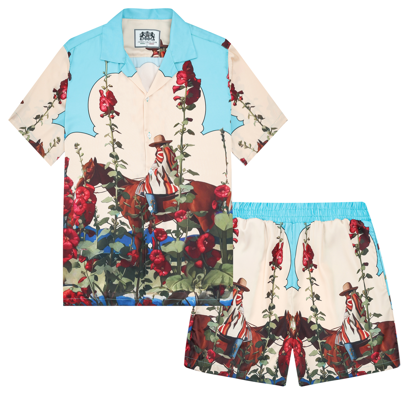 Horseback Riding Flower Print Camp Collar Short Sleeve Shirt