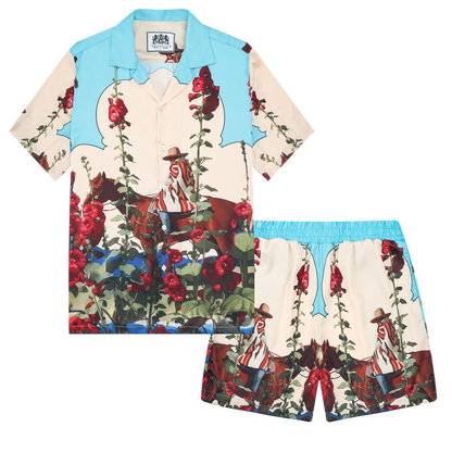 Horseback Riding Flower Print Camp Collar Short Sleeve Shirt