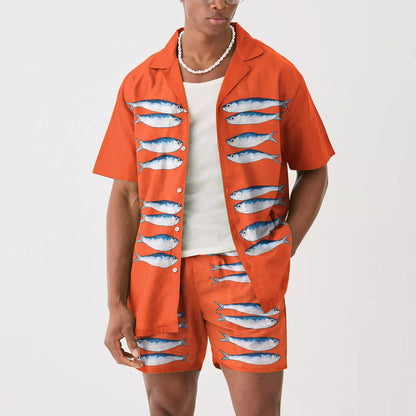 Sardine Pattern Orange  Camp Collar Short Sleeve Shirt