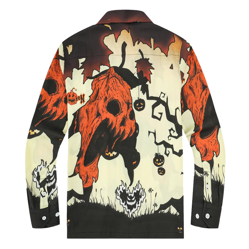 Halloween Pumpkin Ghost Print Long Sleeve Camp Collar Shirt