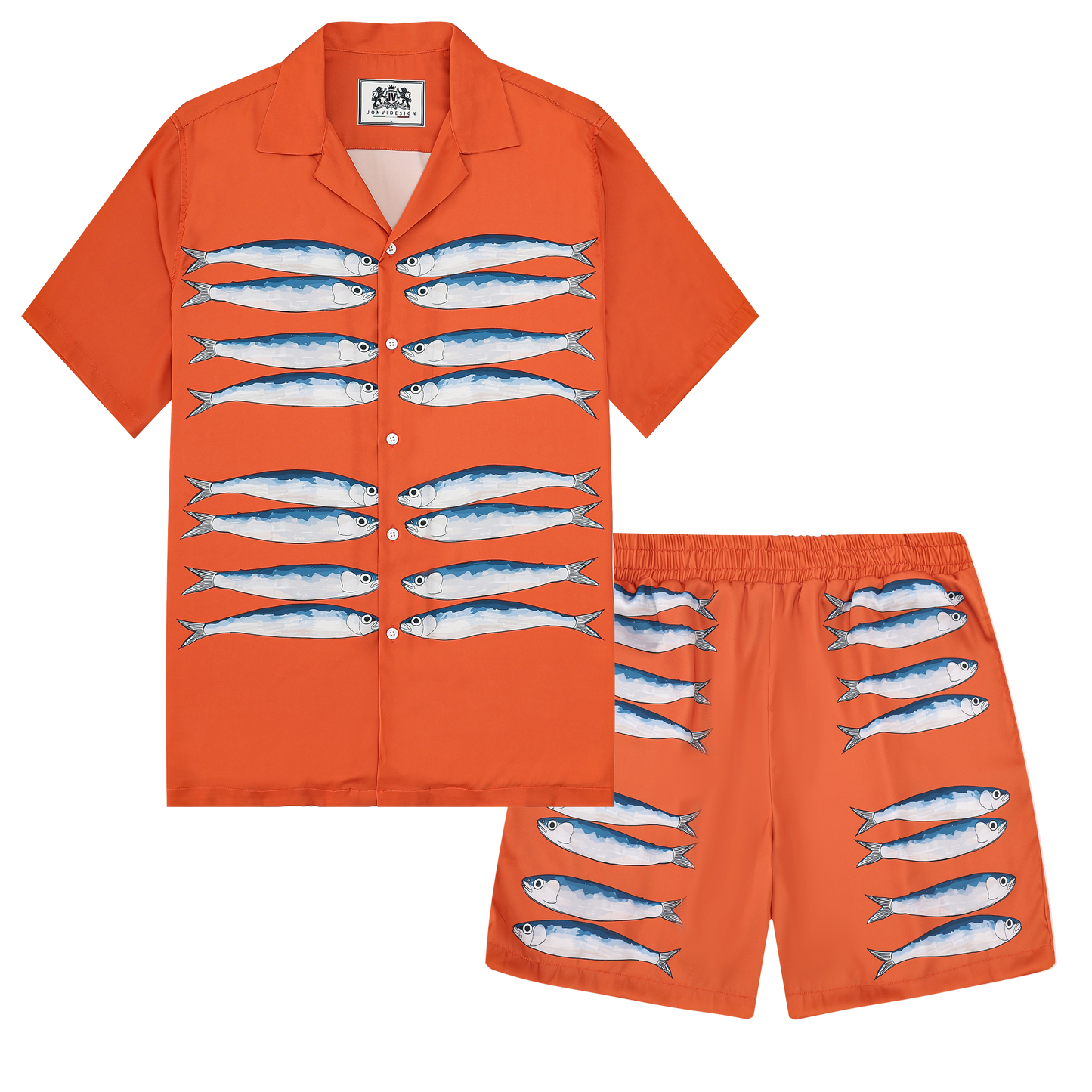 Sardine Pattern Orange  Camp Collar Short Sleeve Shirt