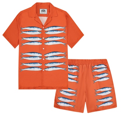 Sardine Pattern Orange  Camp Collar Short Sleeve Shirt