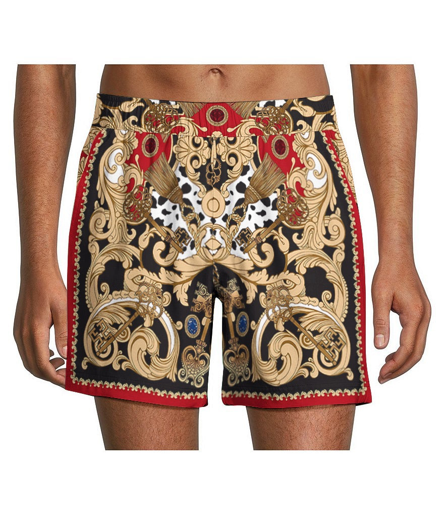 Baroque Pattern Drawstring-Free Casual Shorts in Red