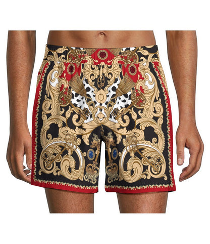 Baroque Pattern Drawstring-Free Casual Shorts in Red